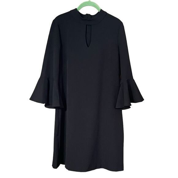 Perceptions New York Black Shift Dress with Keyhole Front and Bell Sleeves Sz 8 - Picture 4 of 7